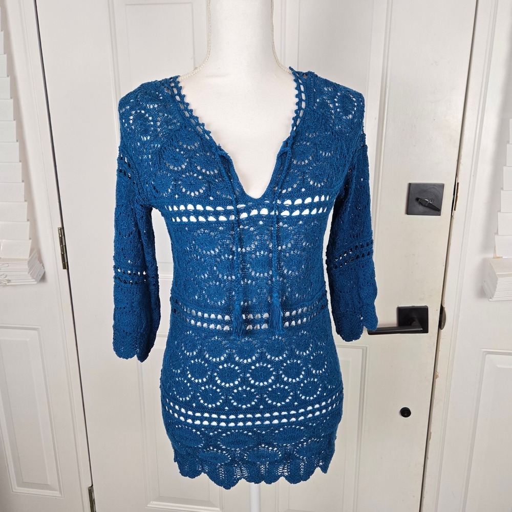 Lucky Brand Crochet Knit Top Tassel Tie V-Neck Teal Blue XS Swim Cover Boho‎ New